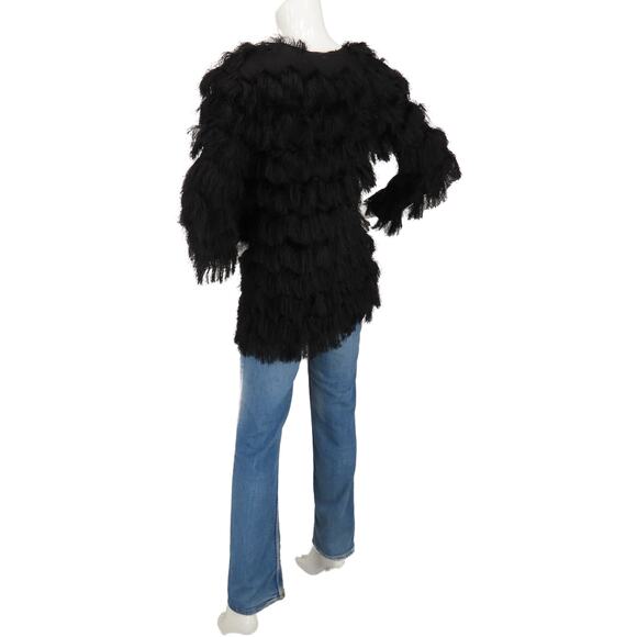 H&M Black Flapper Fuzzy Faux Fur Fringed Shaggy Knit Cardigan Sweater Jacket - Picture 2 of 6